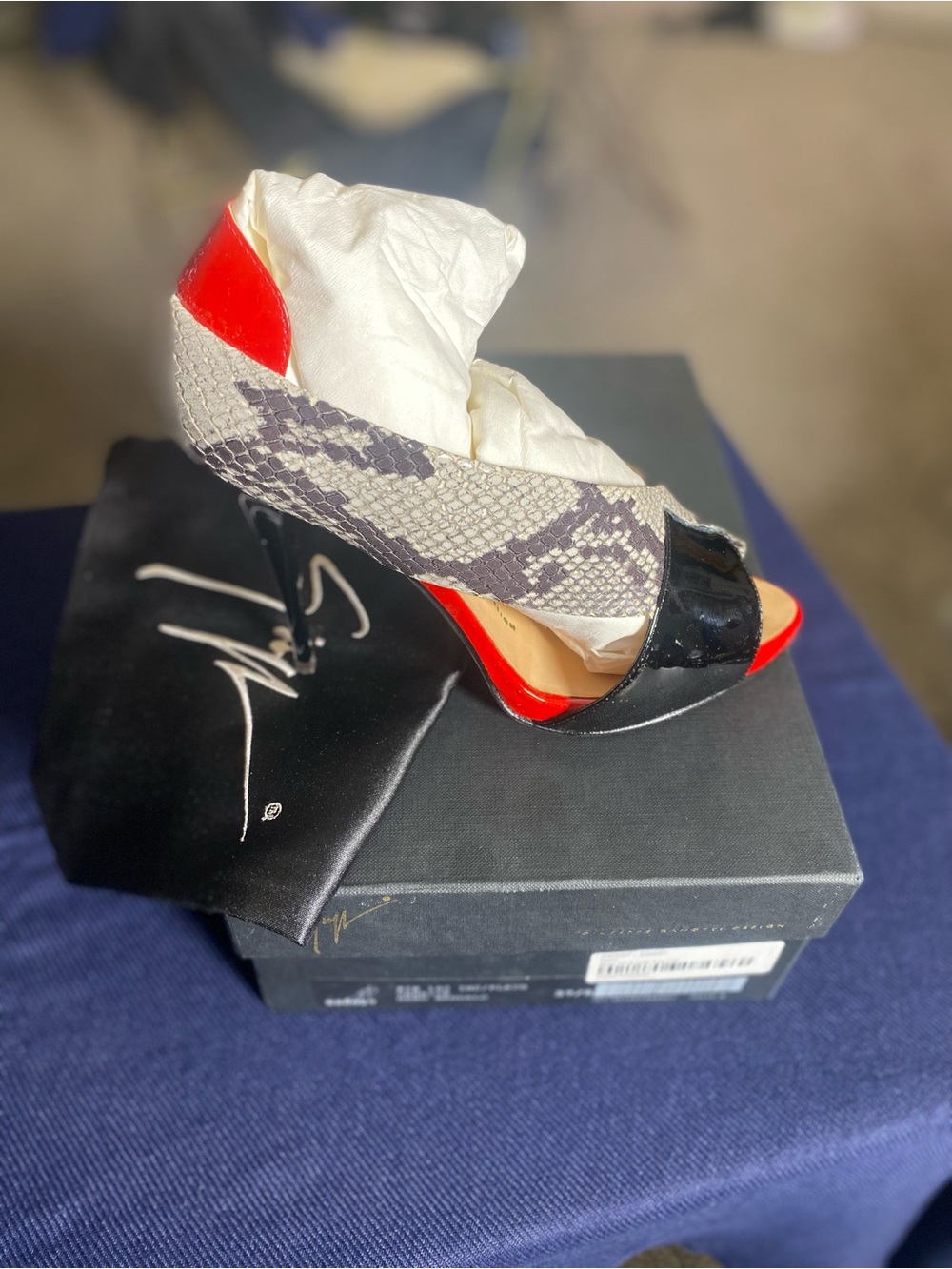 Authentic Giuseppe Zanotti Black Patent, Red & Snake-Print Peep-Toe Stiletto Hee